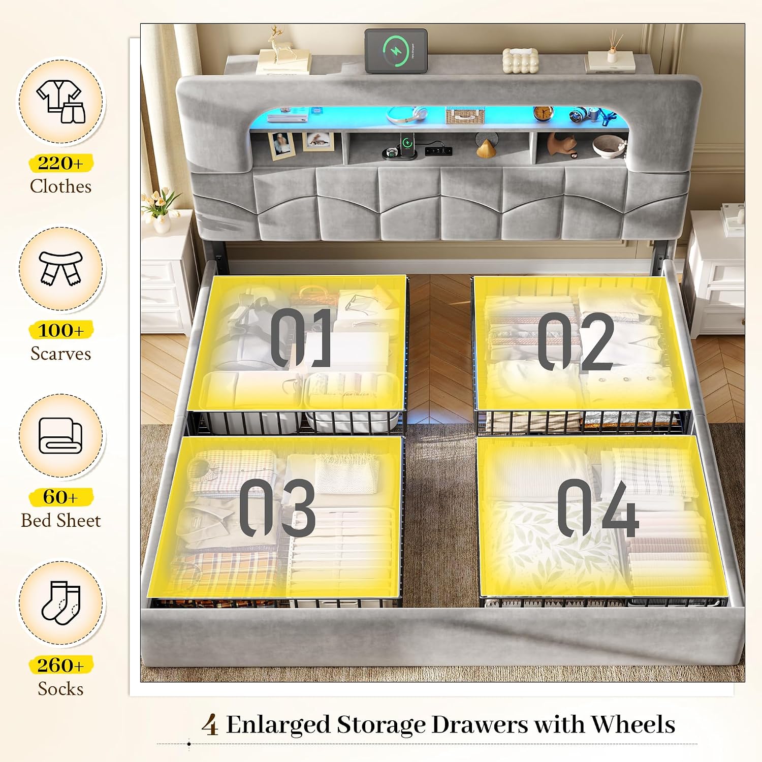 キングサイズのベッドフレーム。収納引き出し4つと充電ステーシ - King Size Bed Frame With Storage Drawers のレビューと価格