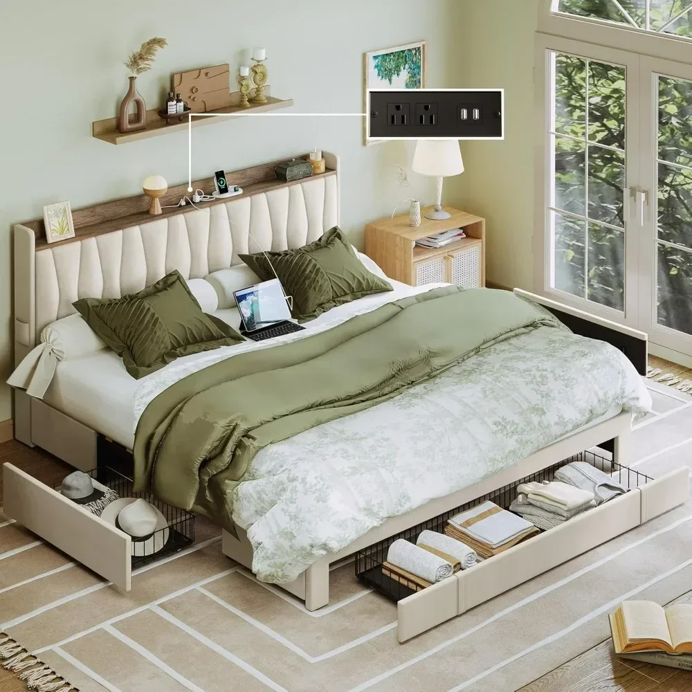 キングサイズベッドフレーム、収納付きヘッドボードと充電ステー - King Size Bed Frame With Storage Drawers のレビューと価格