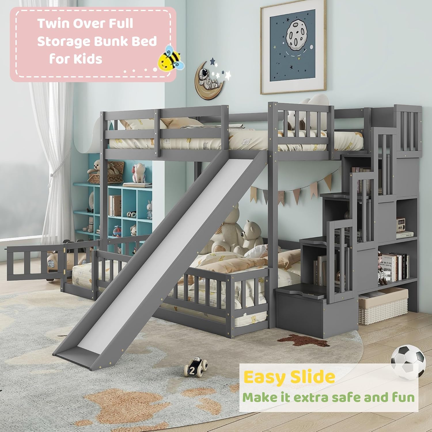 スライドと階段付きのツインオーバーフル二段ベッド。子供用の低 - Bunk Bed With Stairs And Slide のレビューと価格