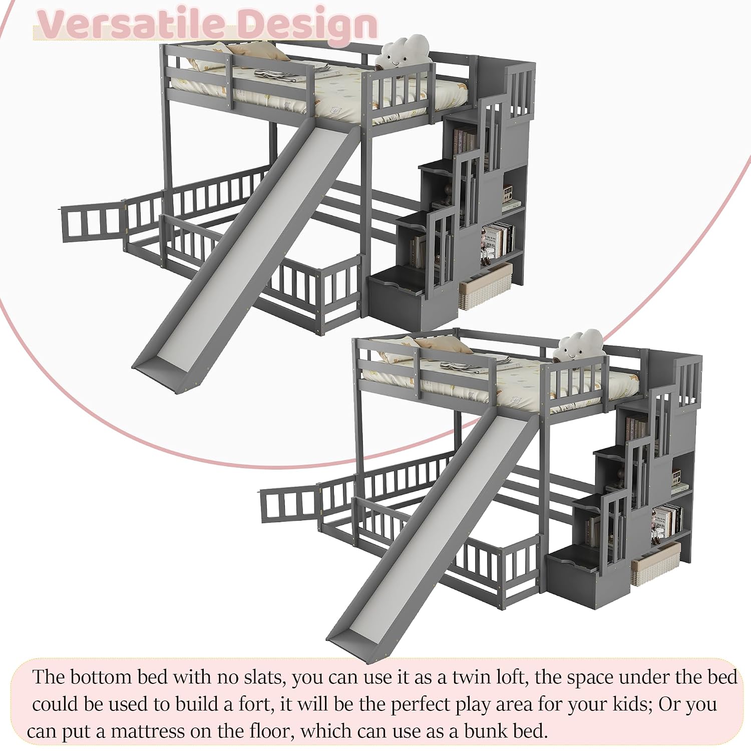 スライドと階段付きのツインオーバーフル二段ベッド。子供用の低 - Bunk Bed With Stairs And Slide のレビューと価格